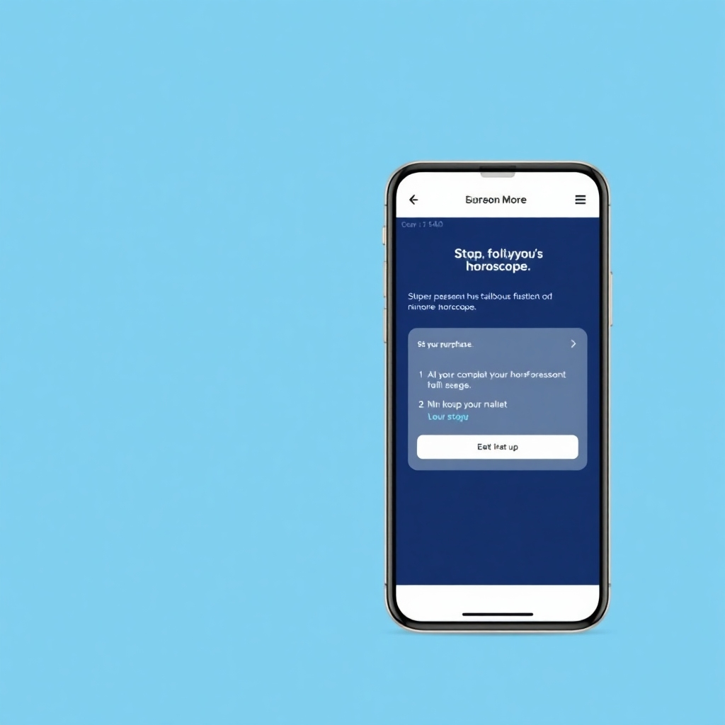 A clean, modern image showing a user-friendly interface on a smartphone screen with steps to purchasing a horoscope. Use a minimalistic style, clean lines and a clear visual hierarchy.