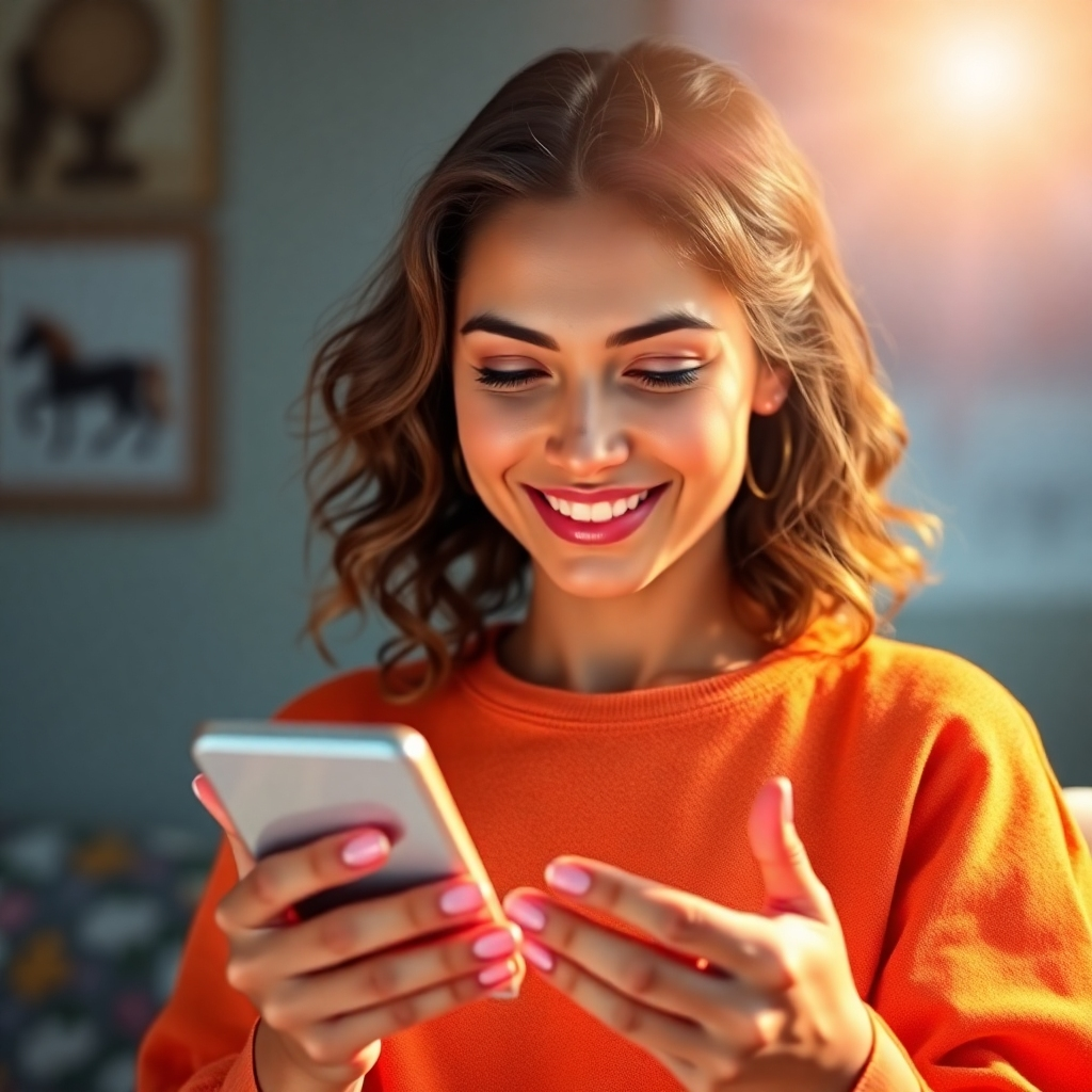 A photorealistic image of a person starting their day with a bright, positive outlook, perhaps looking at a phone with their daily horoscope or a digital horoscope displayed on a screen, with a bright and cheerful color palette.