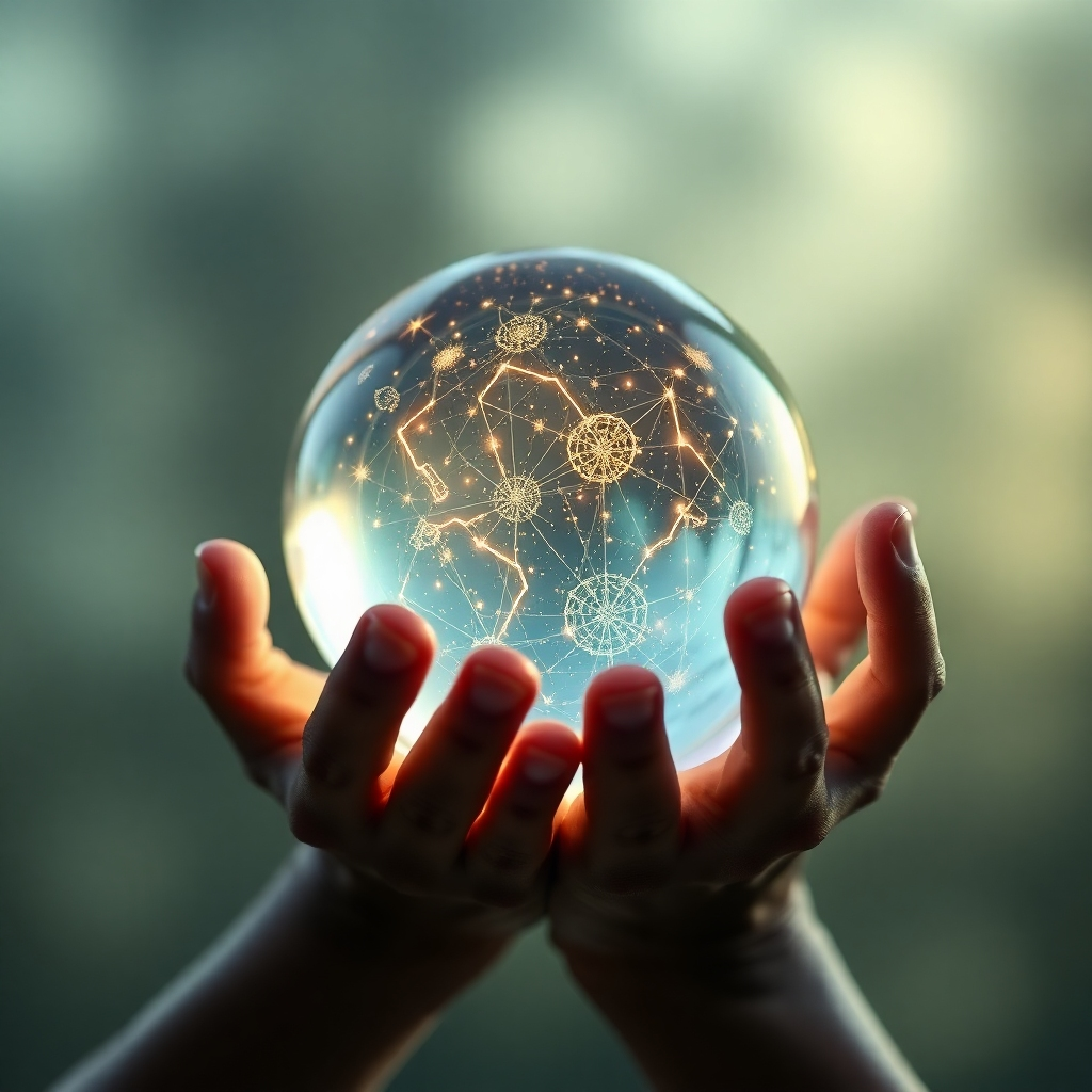 A photorealistic image of hands carefully holding a glowing crystal ball, with constellations subtly projected onto the surface. The background is blurred, drawing attention to the detail within the crystal ball. The color palette should emphasize the luminosity and mystery of the crystal.
