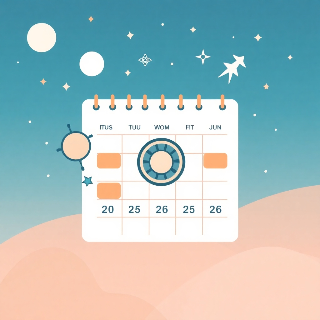 A stylized image of a calendar with celestial bodies or constellations superimposed, suggesting the overview offered by a monthly horoscope. Use a palette that represents planning and foresight.