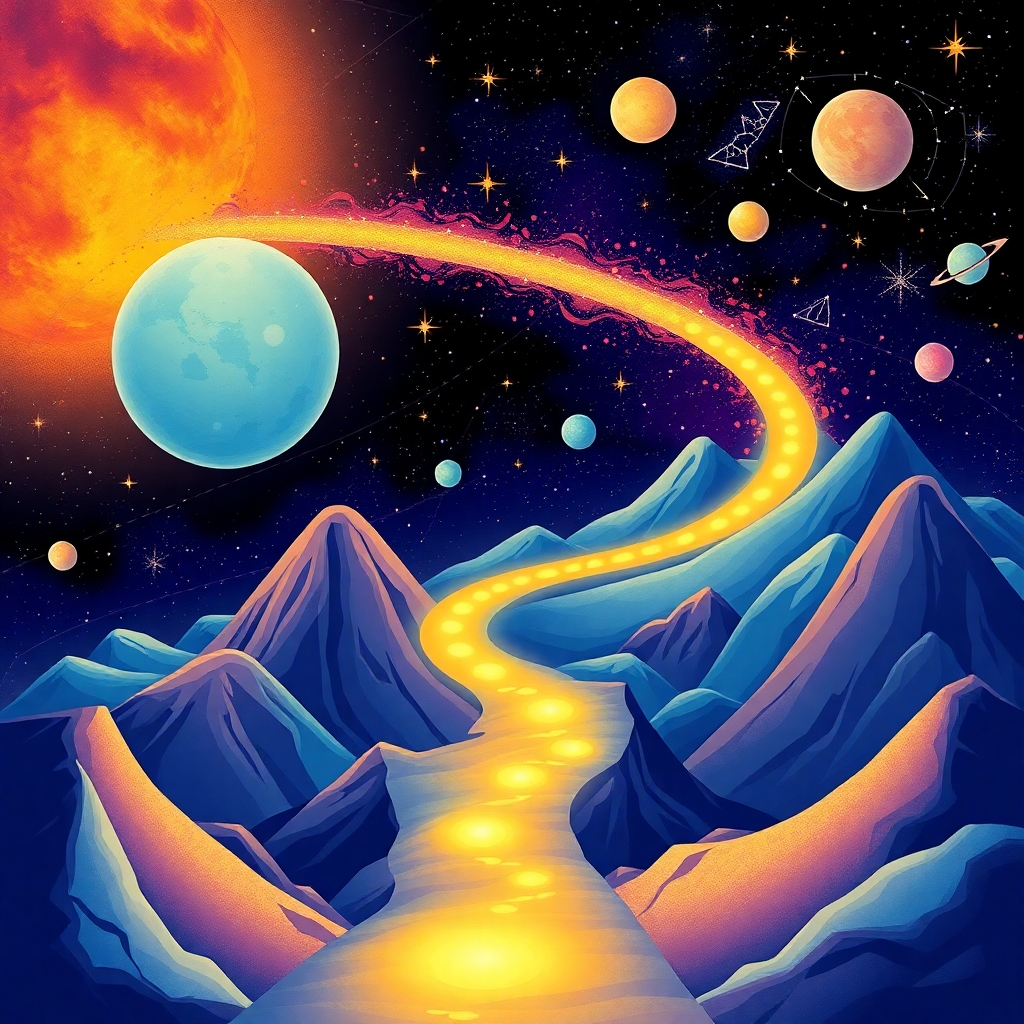 A stylized image of a path winding through a landscape of celestial bodies, stars, and constellations. The path is luminous, guiding the viewer through the cosmos. Use a vibrant color palette and a dynamic composition. The style should be similar to fantasy artwork, emphasizing the journey aspect.
