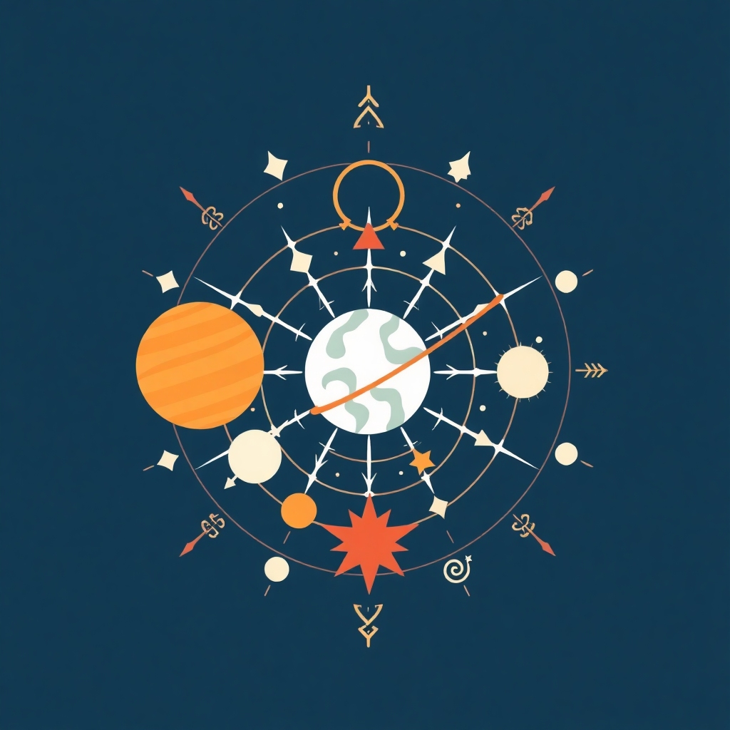 A stylized image of celestial bodies and astrological symbols, arranged in a precise and harmonious manner. The style should suggest accuracy and precision.