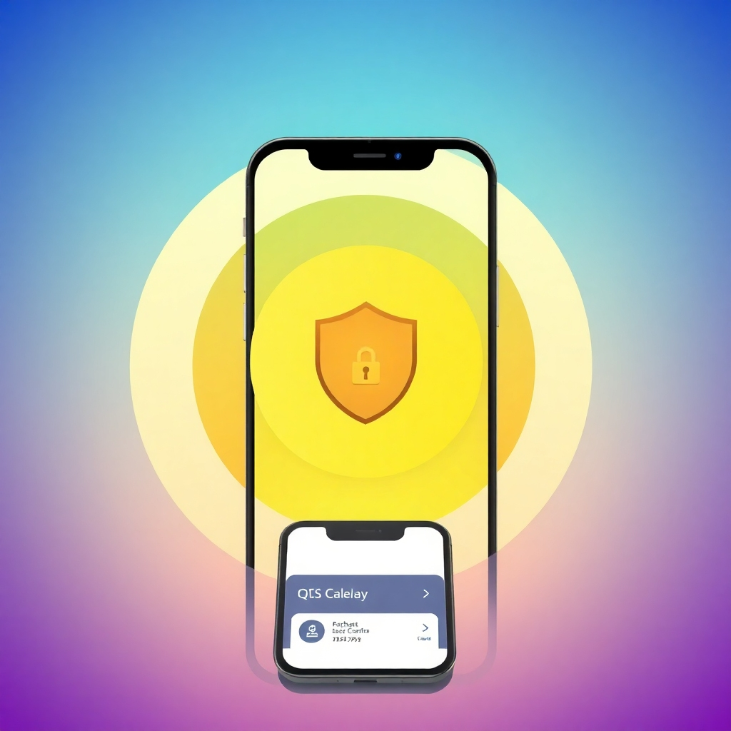 An abstract image representing security and privacy, using calm colors, perhaps a shielded circle, a locked icon, or an encryption symbol, combined with an image of a phone or computer screen displaying the purchase.