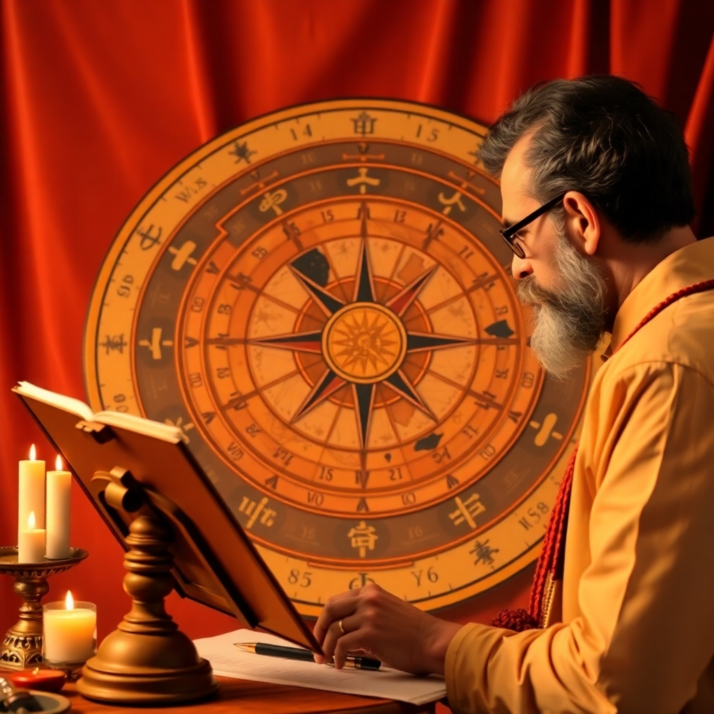 An image of an astrologer consulting a celestial chart, with a focus on the individual attention to detail.  Use warm and inviting colors.